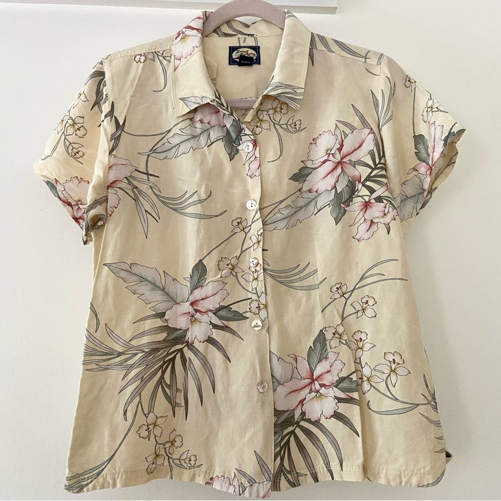 Tommy Bahama Vintage 90’s Camp Shirt Women's M Silk Linen Hawaiian Beach Resort